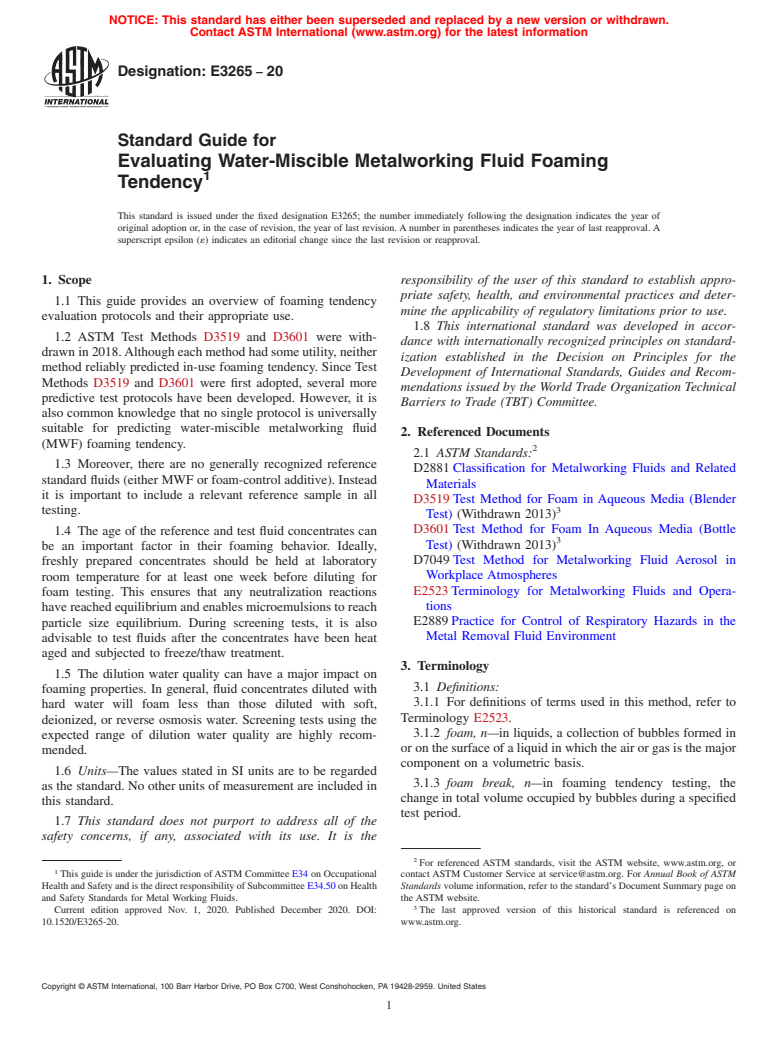 ASTM E3265-20 - Standard Guide for Evaluating Water-Miscible Metalworking Fluid Foaming Tendency