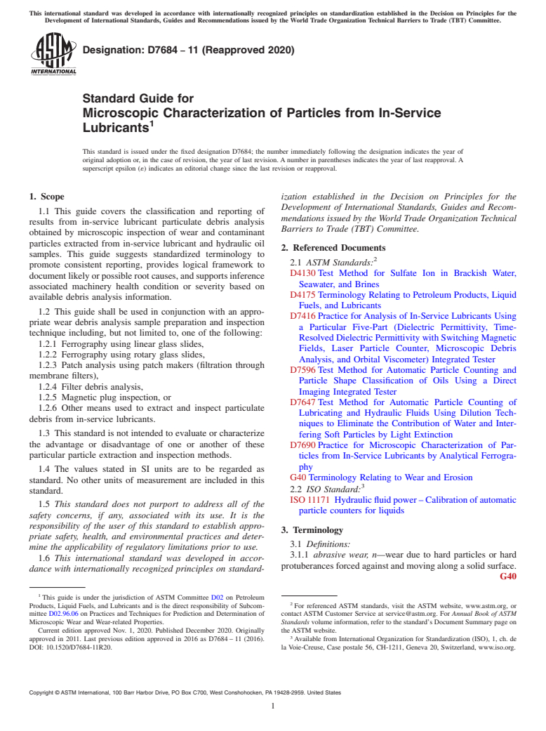 ASTM D7684-11(2020) - Standard Guide for  Microscopic Characterization of Particles from In-Service Lubricants