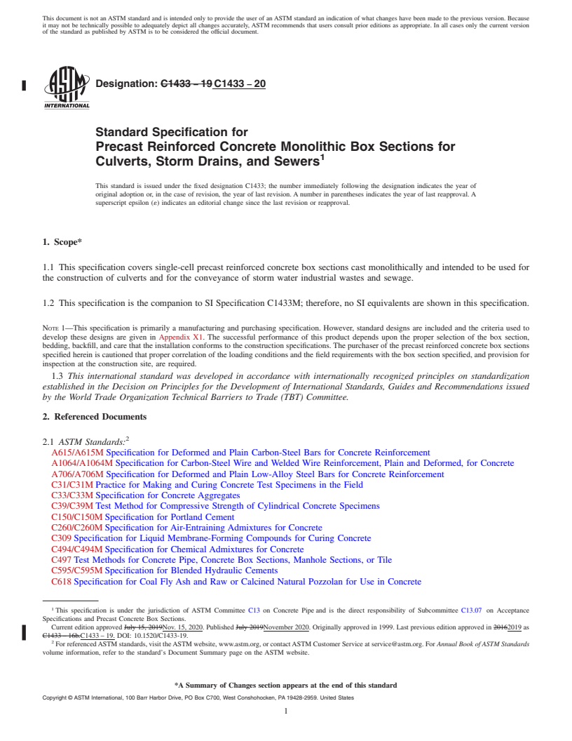 REDLINE ASTM C1433-20 - Standard Specification for  Precast Reinforced Concrete Monolithic Box Sections for Culverts,  Storm Drains, and Sewers