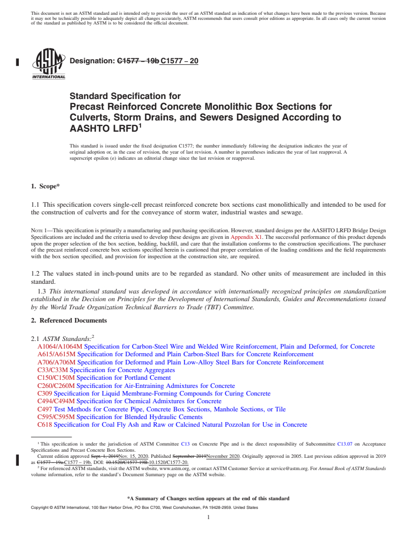 REDLINE ASTM C1577-20 - Standard Specification for Precast Reinforced Concrete Monolithic Box Sections for Culverts,  Storm Drains, and Sewers Designed According to AASHTO LRFD