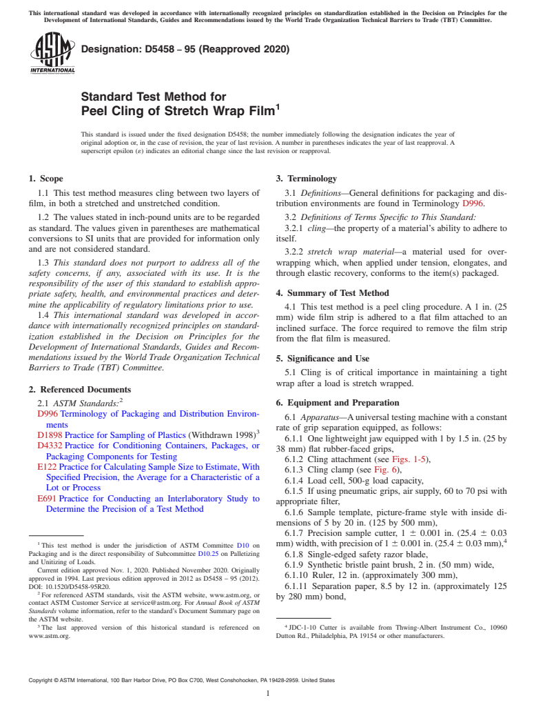 ASTM D5458-95(2020) - Standard Test Method for  Peel Cling of Stretch Wrap Film