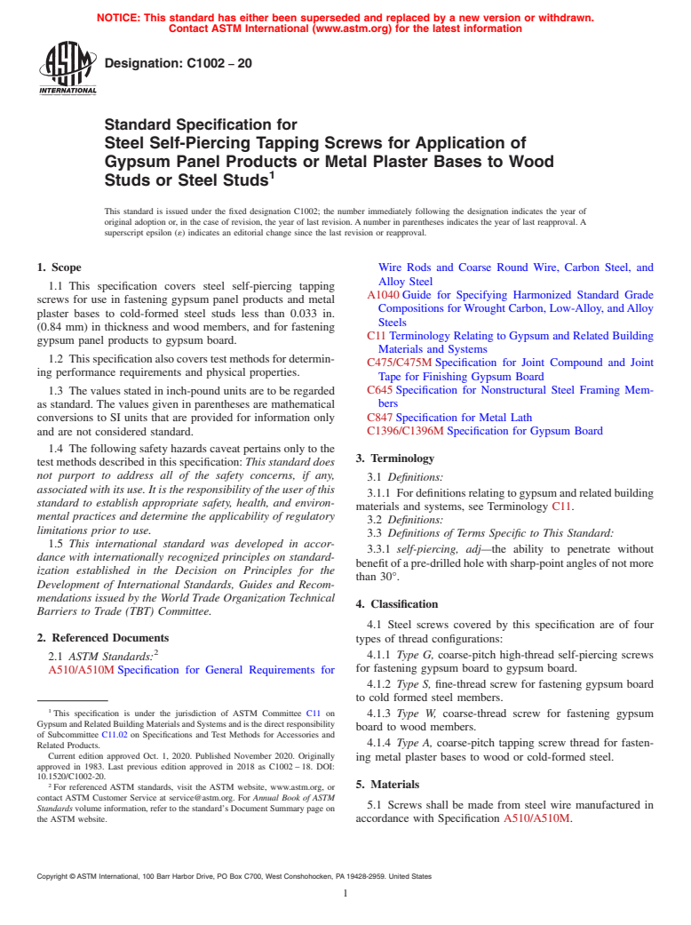 ASTM C1002-20 - Standard Specification for  Steel Self-Piercing Tapping Screws for Application of Gypsum  Panel Products or Metal Plaster Bases to Wood Studs or Steel Studs