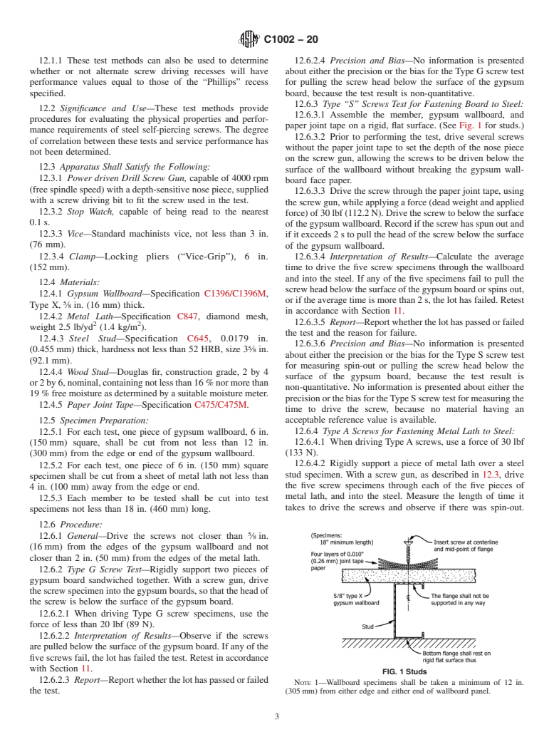 ASTM C1002-20 - Standard Specification for  Steel Self-Piercing Tapping Screws for Application of Gypsum  Panel Products or Metal Plaster Bases to Wood Studs or Steel Studs