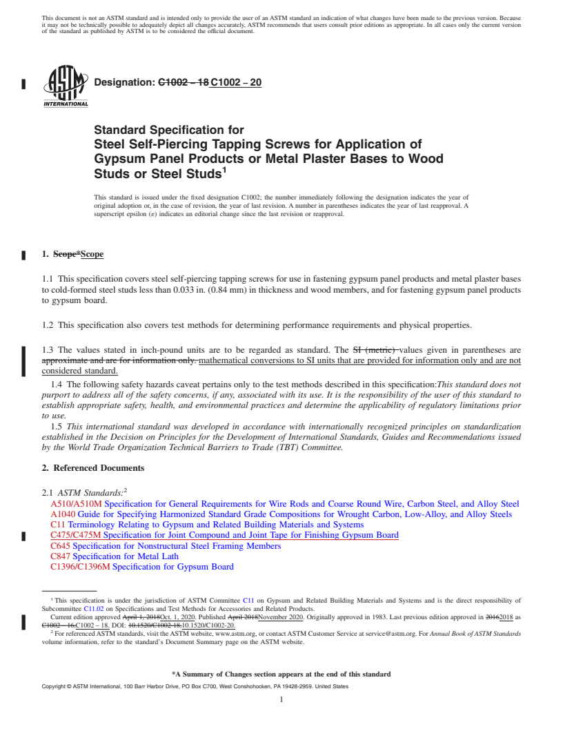 REDLINE ASTM C1002-20 - Standard Specification for  Steel Self-Piercing Tapping Screws for Application of Gypsum  Panel Products or Metal Plaster Bases to Wood Studs or Steel Studs