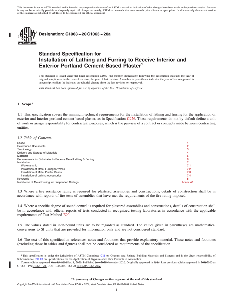 REDLINE ASTM C1063-20a - Standard Specification for Installation of Lathing and Furring to Receive Interior and  Exterior Portland Cement-Based Plaster