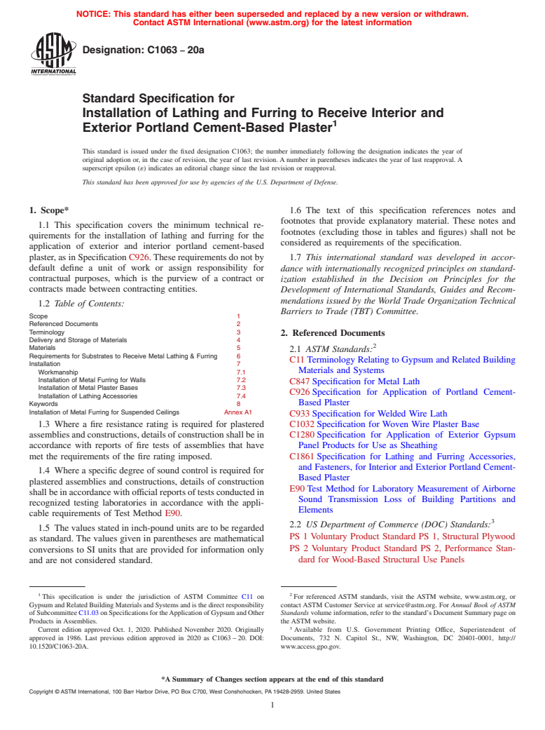 ASTM C1063-20a - Standard Specification for Installation of Lathing and Furring to Receive Interior and  Exterior Portland Cement-Based Plaster