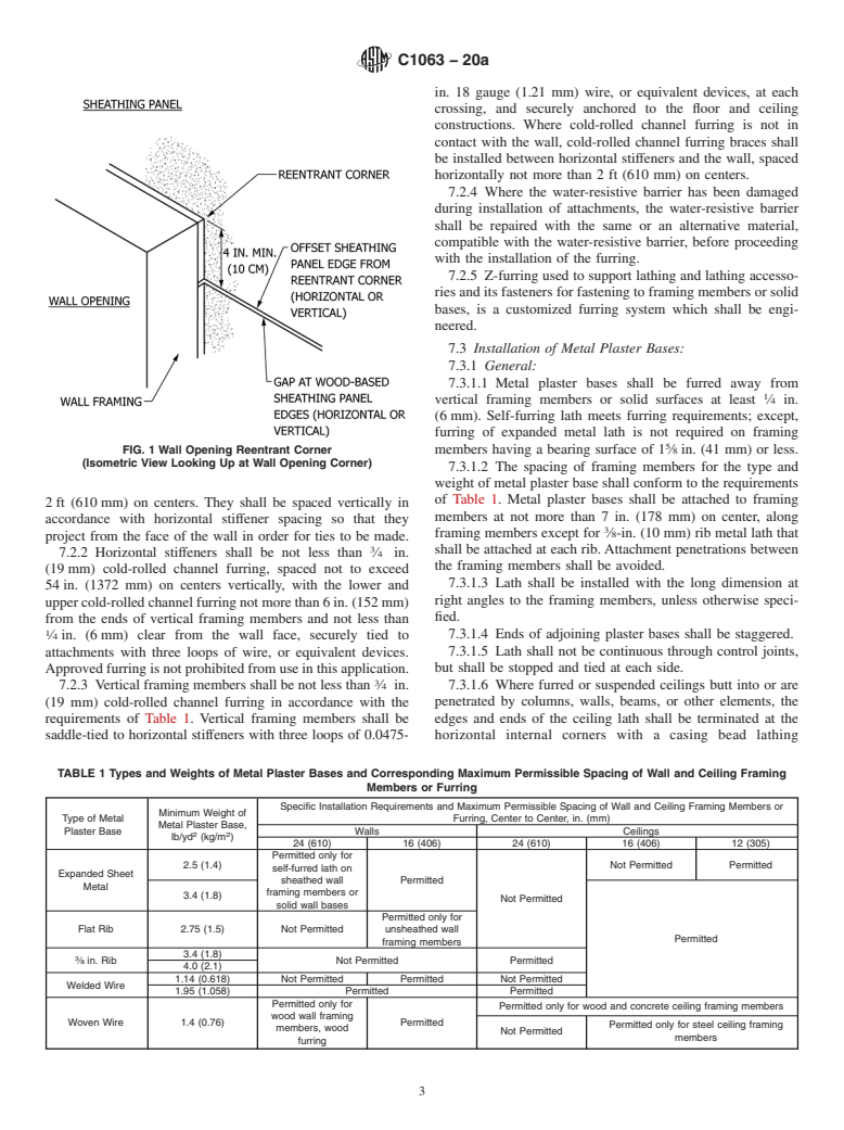 ASTM C1063-20a - Standard Specification for Installation of Lathing and Furring to Receive Interior and  Exterior Portland Cement-Based Plaster