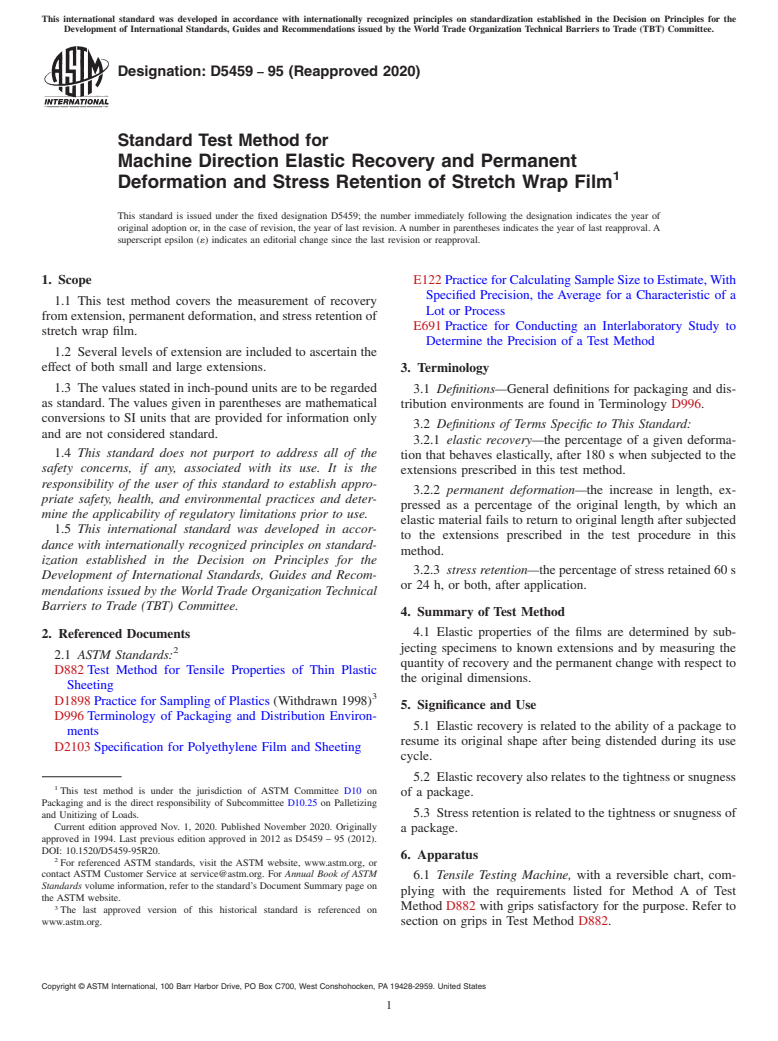 ASTM D5459-95(2020) - Standard Test Method for  Machine Direction Elastic Recovery and Permanent Deformation  and Stress Retention of Stretch Wrap Film