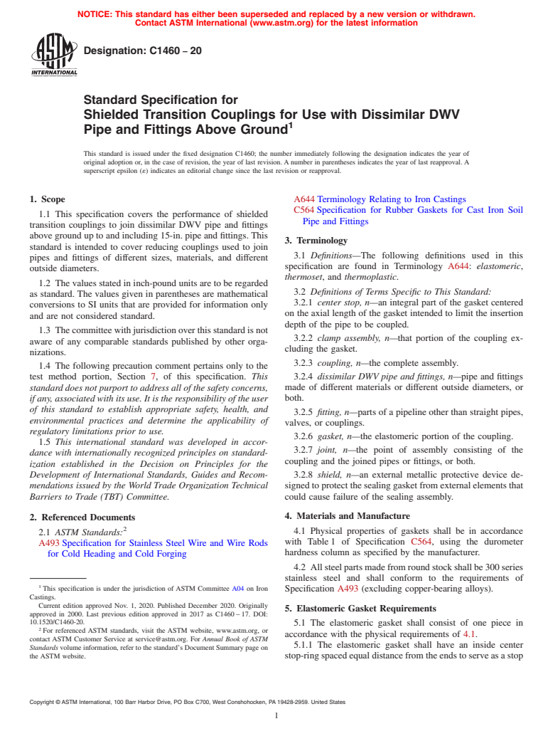 ASTM C1460-20 - Standard Specification for Shielded Transition Couplings for Use with Dissimilar DWV   Pipe and Fittings Above Ground