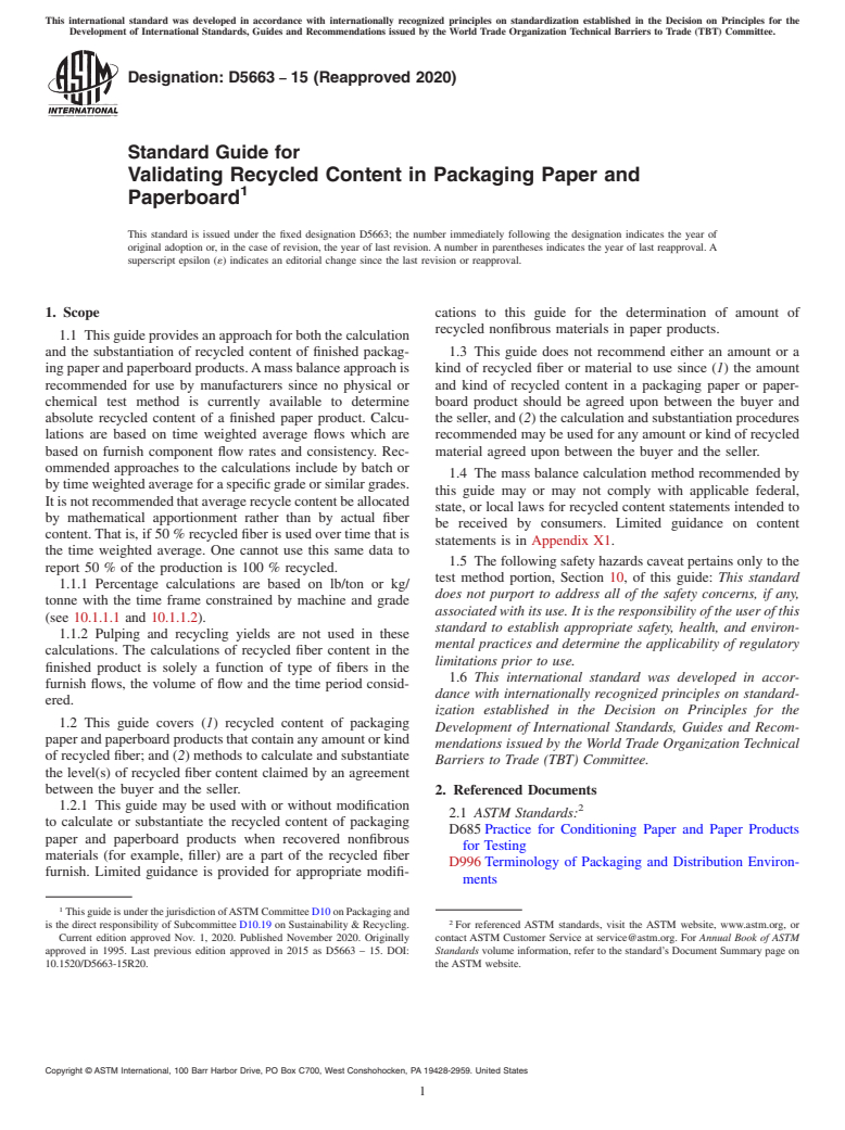 ASTM D5663-15(2020) - Standard Guide for Validating Recycled Content in Packaging Paper and Paperboard