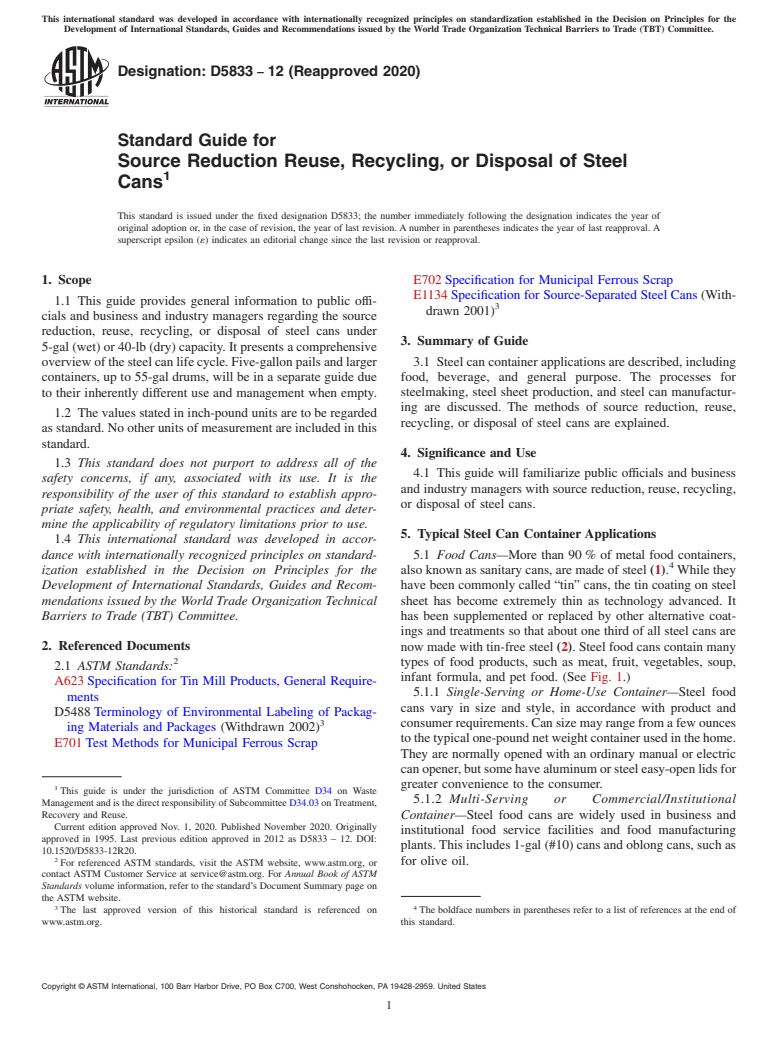 ASTM D5833-12(2020) - Standard Guide for Source Reduction Reuse, Recycling, or Disposal of Steel Cans