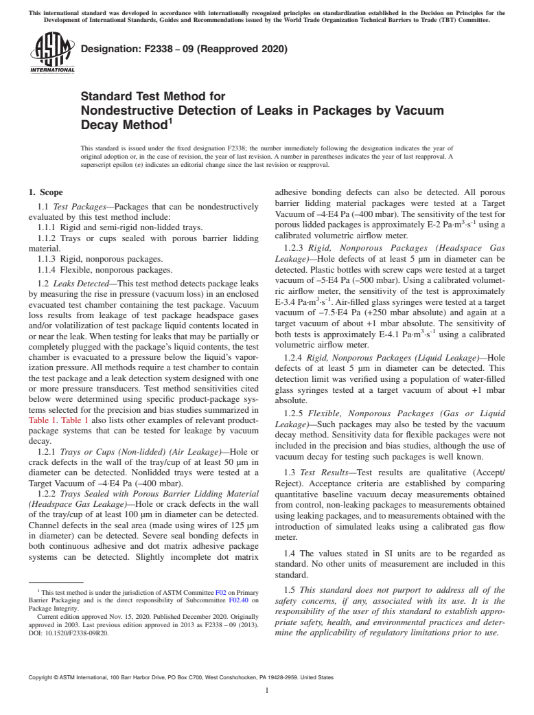 ASTM F2338-09(2020) - Standard Test Method for  Nondestructive Detection of Leaks in Packages by Vacuum Decay  Method