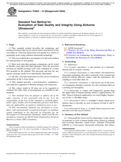 ASTM F3004-13(2020) ASTM F3004-13(2020) - Standard Test Method for Evaluation of Seal Quality and Integrity Using Airborne Ultrasound - Page 1 preview