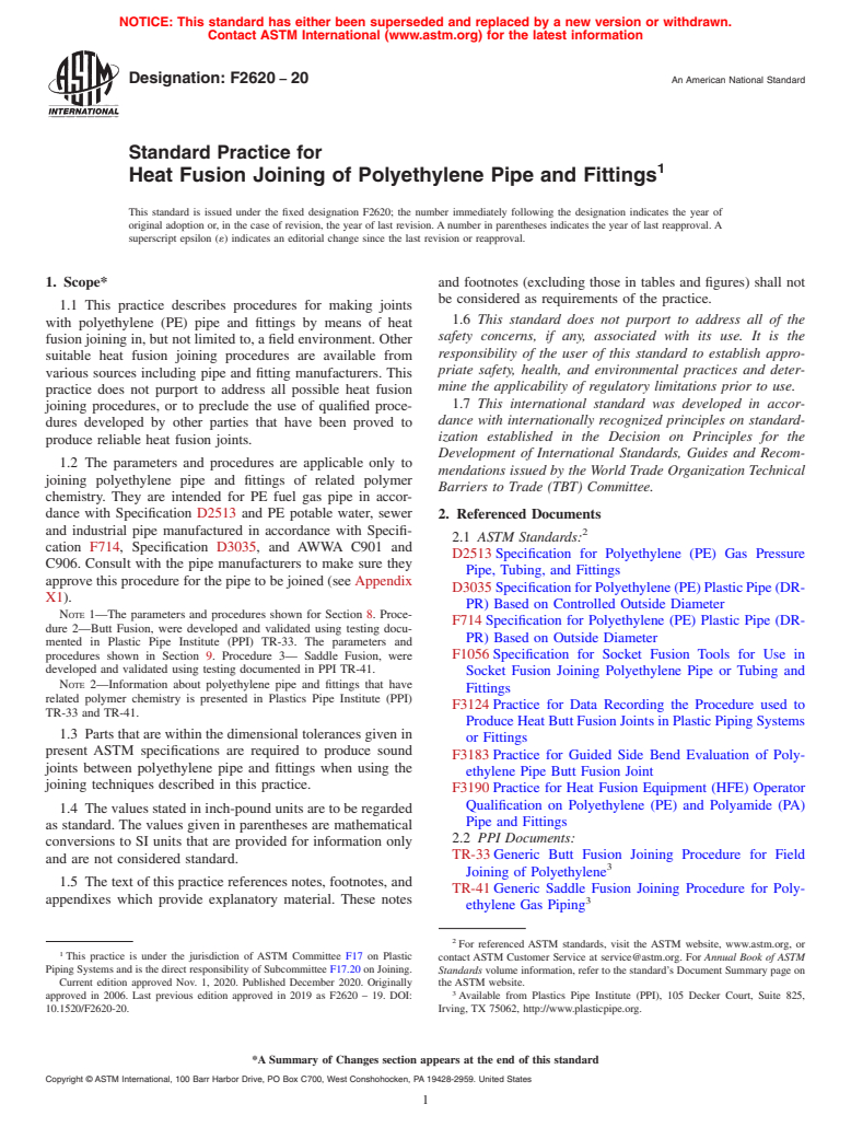 ASTM F2620-20 - Standard Practice for Heat Fusion Joining of Polyethylene Pipe and Fittings