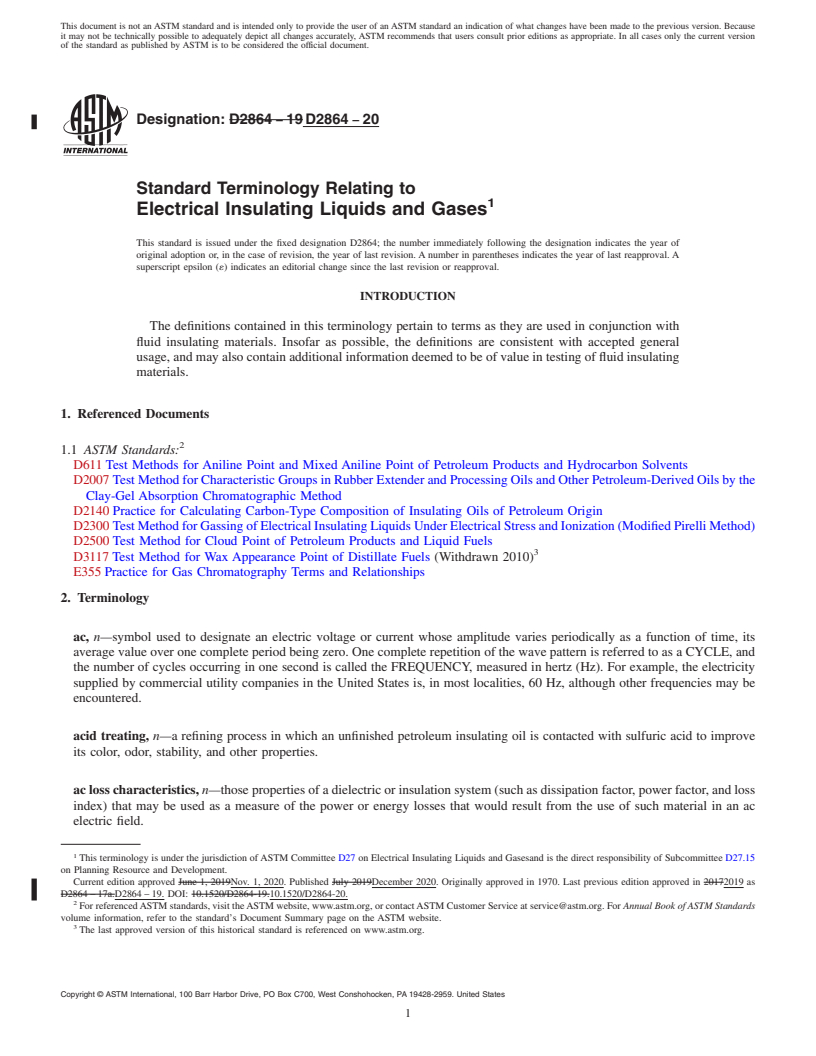 REDLINE ASTM D2864-20 - Standard Terminology Relating to  Electrical Insulating Liquids and Gases