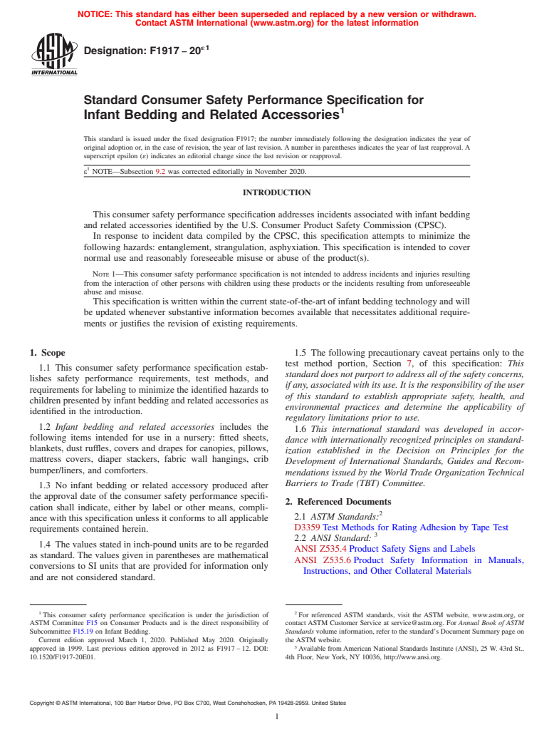 ASTM F1917-20e1 - Standard Consumer Safety Performance Specification for  Infant Bedding and Related Accessories