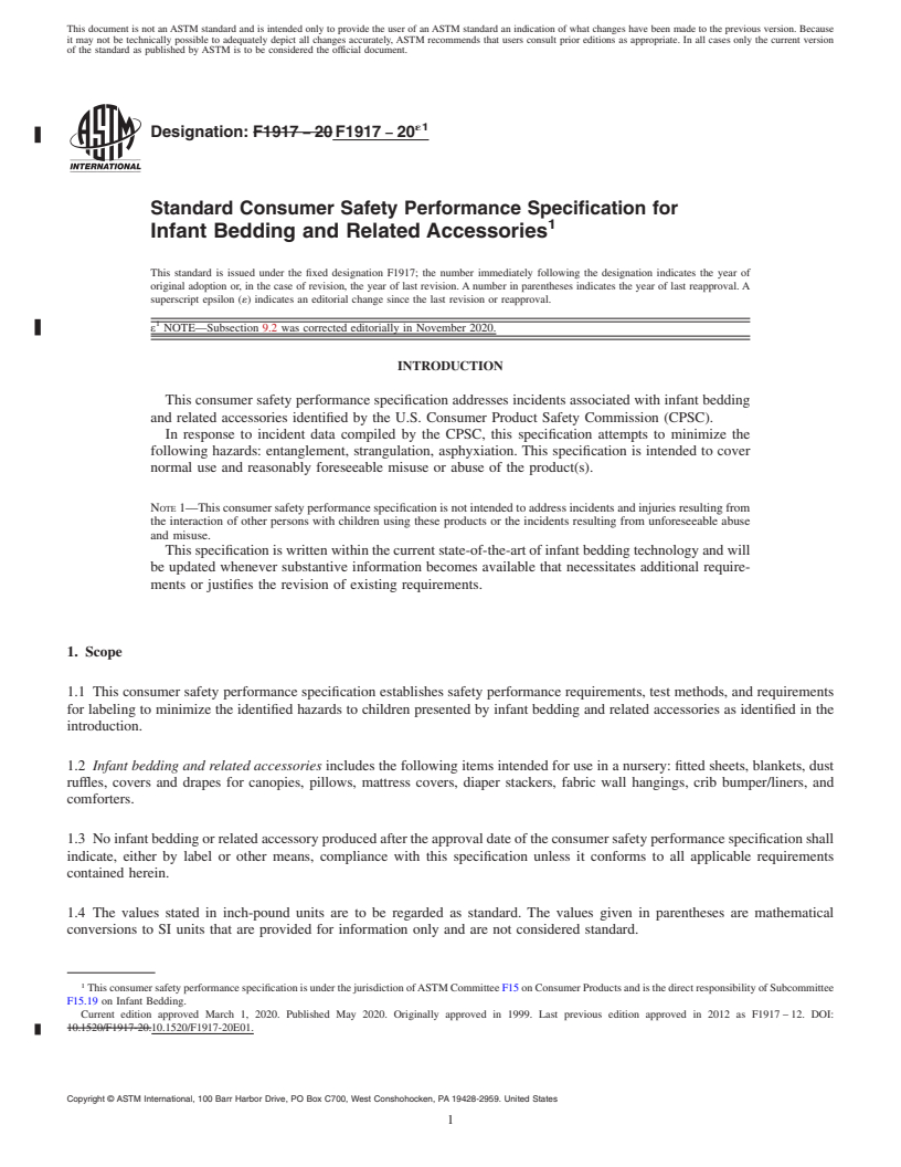 REDLINE ASTM F1917-20e1 - Standard Consumer Safety Performance Specification for  Infant Bedding and Related Accessories