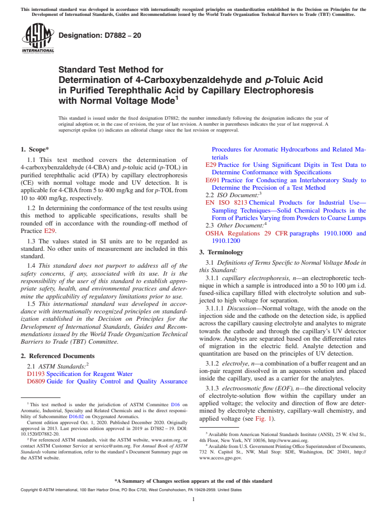ASTM D7882-20 - Standard Test Method for Determination of 4-Carboxybenzaldehyde and <emph type="bdit"  >p</emph>-Toluic Acid in Purified Terephthalic Acid by Capillary Electrophoresis  with Normal Voltage Mode