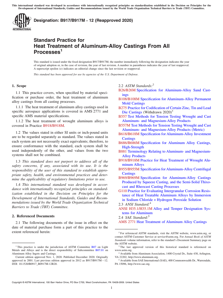 ASTM B917/B917M-12(2020) - Standard Practice for  Heat Treatment of Aluminum-Alloy Castings From All Processes