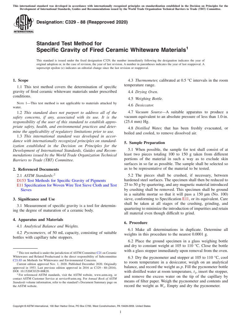 ASTM C329-88(2020) - Standard Test Method for  Specific Gravity of Fired Ceramic Whiteware Materials