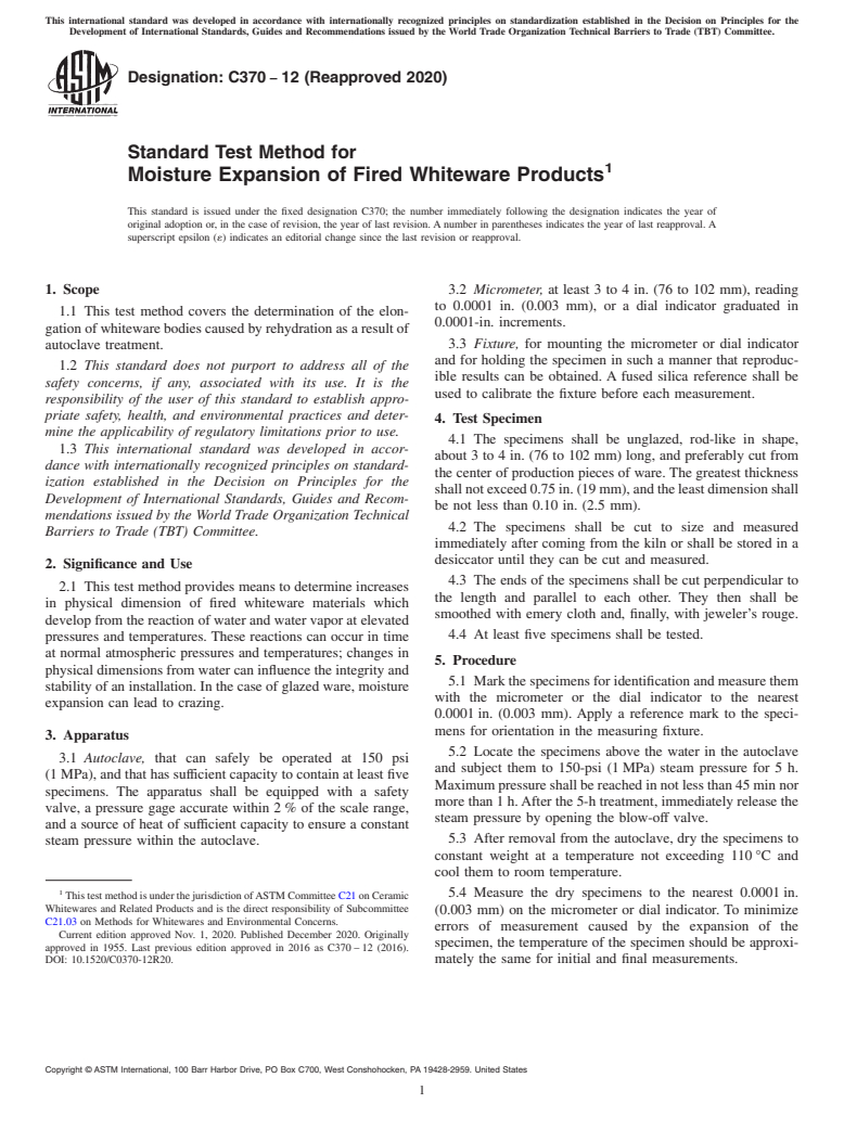 ASTM C370-12(2020) - Standard Test Method for  Moisture Expansion of Fired Whiteware Products