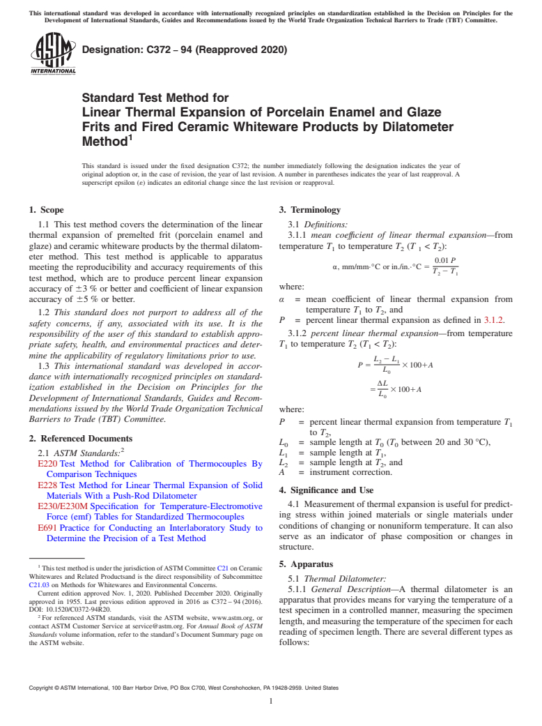 ASTM C372-94(2020) - Standard Test Method for  Linear Thermal Expansion of Porcelain Enamel and Glaze Frits   and Fired Ceramic Whiteware Products by Dilatometer Method