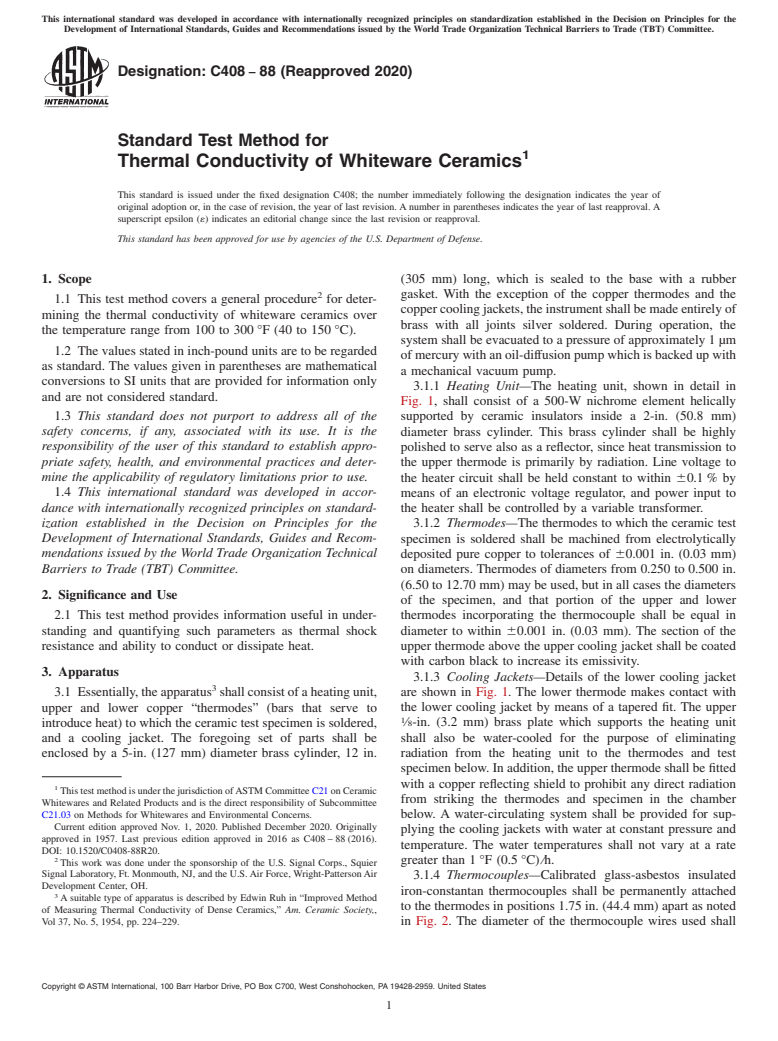 ASTM C408-88(2020) - Standard Test Method for  Thermal Conductivity of Whiteware Ceramics