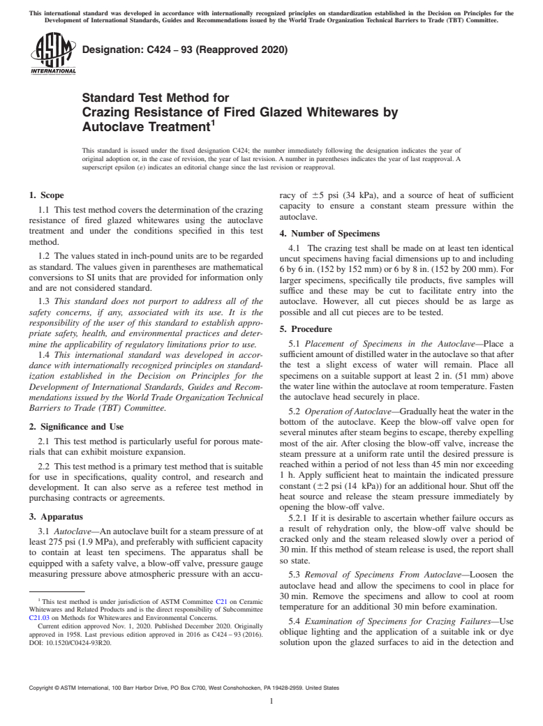 ASTM C424-93(2020) - Standard Test Method for  Crazing Resistance of Fired Glazed Whitewares by Autoclave   Treatment