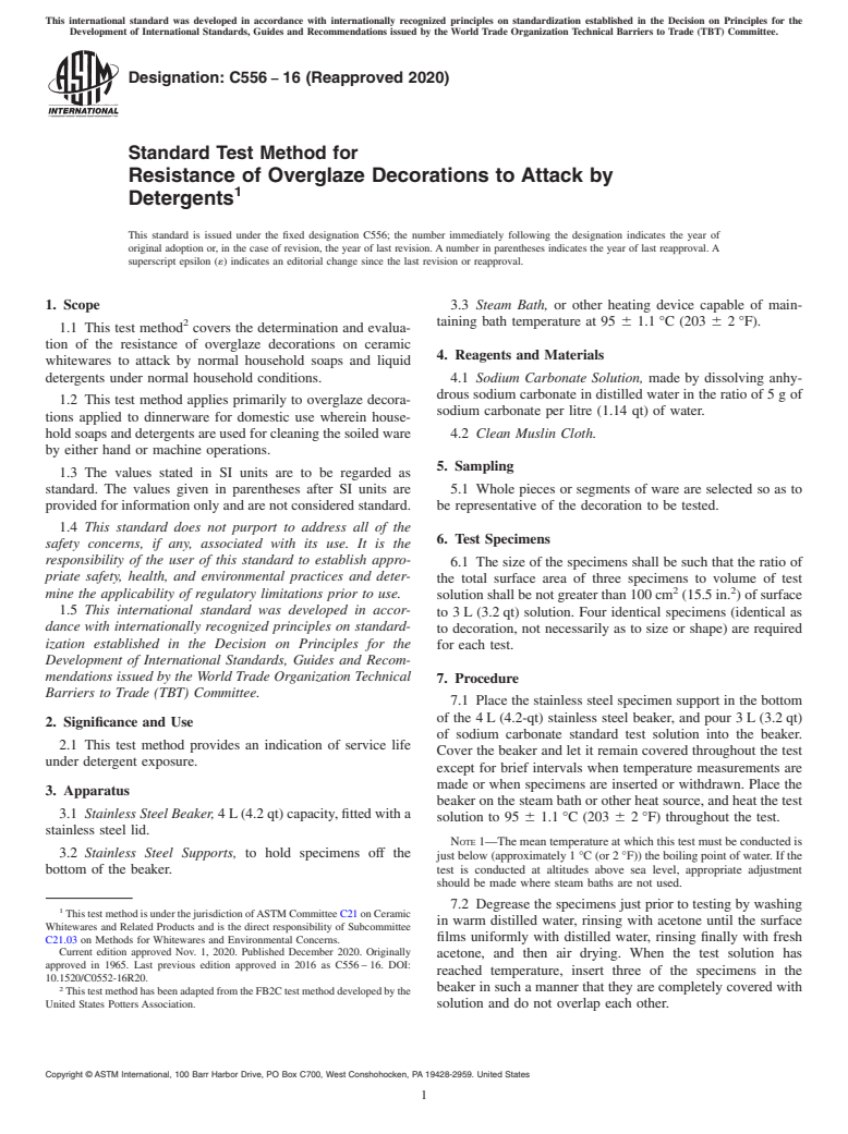 ASTM C556-16(2020) - Standard Test Method for  Resistance of Overglaze Decorations to Attack by Detergents