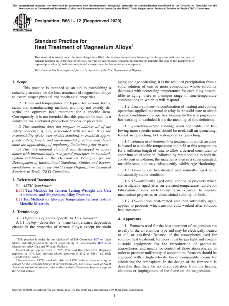 ASTM B661-12(2020) - Standard Practice for  Heat Treatment of Magnesium Alloys