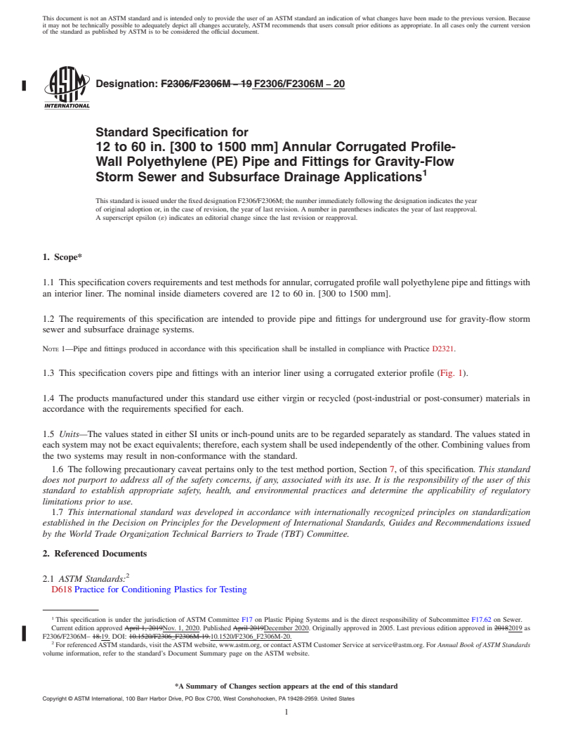 REDLINE ASTM F2306/F2306M-20 - Standard Specification for 12 to 60 in. [300 to 1500 mm] Annular Corrugated Profile-Wall   Polyethylene (PE) Pipe and Fittings for Gravity-Flow Storm Sewer  and  Subsurface Drainage Applications