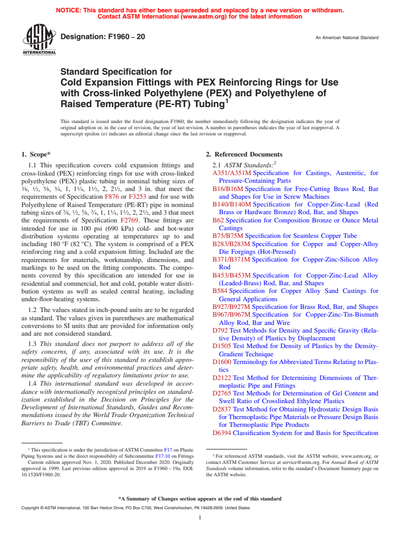 ASTM F1960-20 - Standard Specification for  Cold Expansion Fittings with PEX Reinforcing Rings for Use   with Cross-linked Polyethylene (PEX) and Polyethylene of Raised Temperature  (PE-RT) Tubing