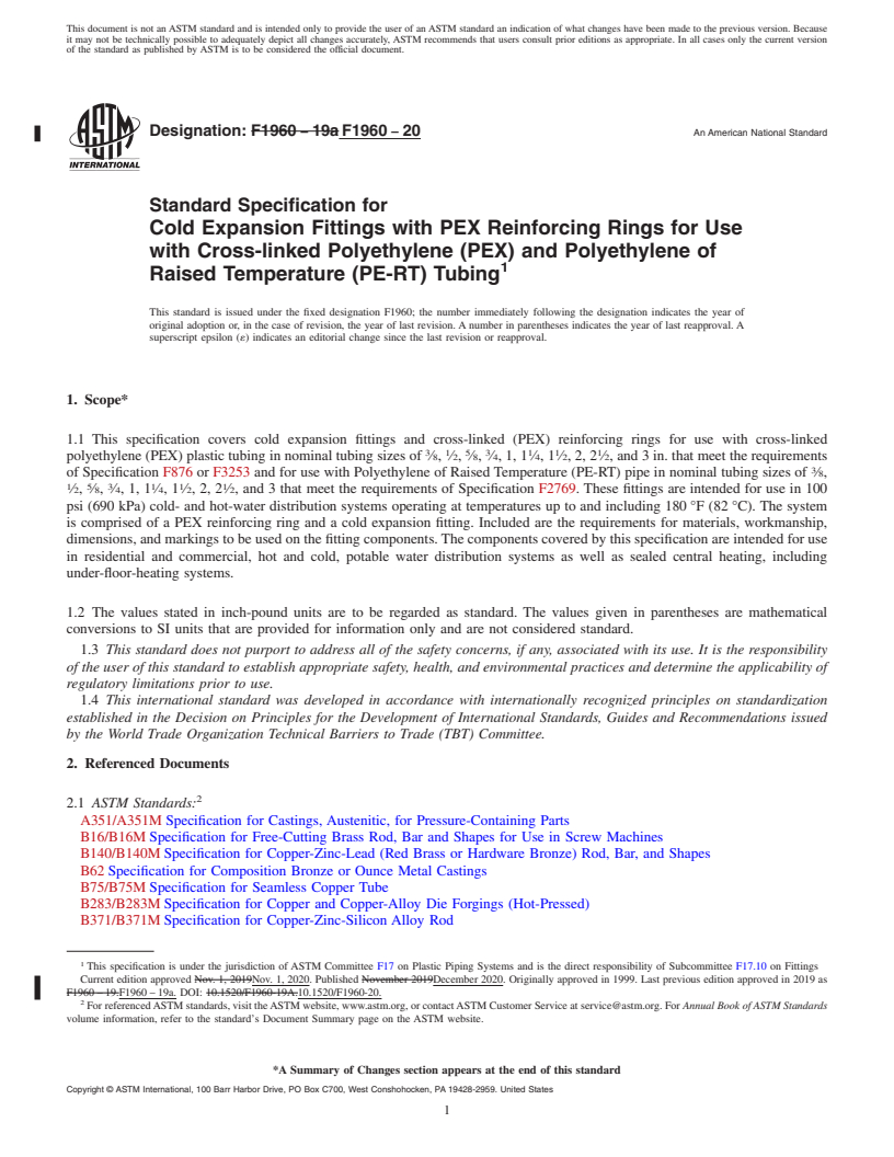 REDLINE ASTM F1960-20 - Standard Specification for  Cold Expansion Fittings with PEX Reinforcing Rings for Use   with Cross-linked Polyethylene (PEX) and Polyethylene of Raised Temperature  (PE-RT) Tubing