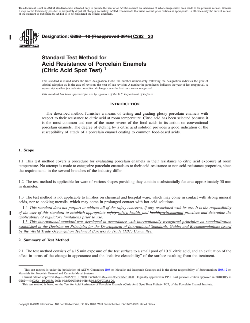 REDLINE ASTM C282-20 - Standard Test Method for  Acid Resistance of Porcelain Enamels<brk/>(Citric Acid Spot   Test)