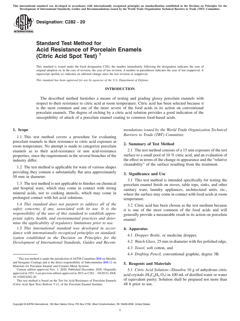 ASTM C282-20 - Standard Test Method for  Acid Resistance of Porcelain Enamels<brk/>(Citric Acid Spot   Test)