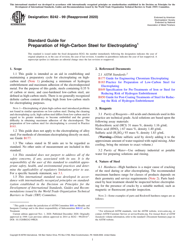 ASTM B242-99(2020) - Standard Guide for  Preparation of High-Carbon Steel for Electroplating