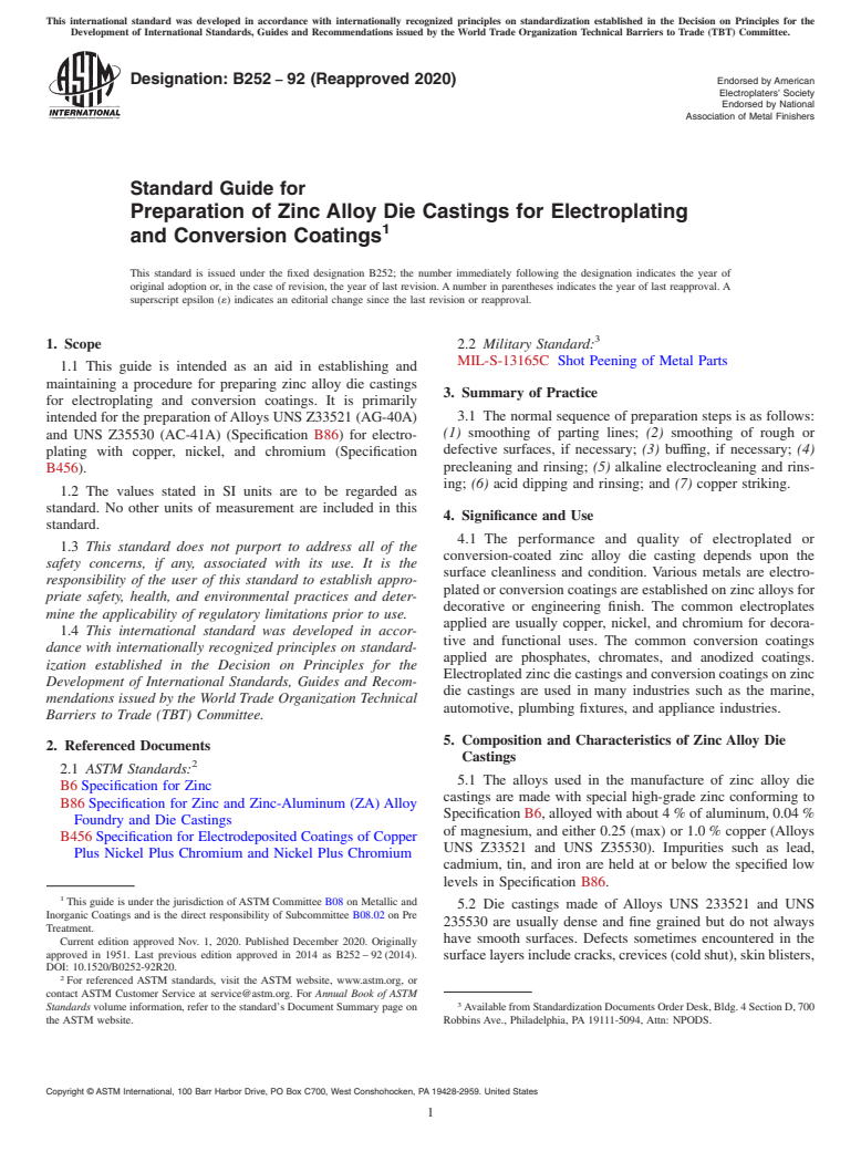 ASTM B252-92(2020) - Standard Guide for  Preparation of Zinc Alloy Die Castings for Electroplating and   Conversion Coatings