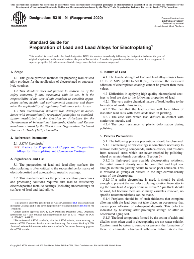 ASTM B319-91(2020) - Standard Guide for  Preparation of Lead and Lead Alloys for Electroplating