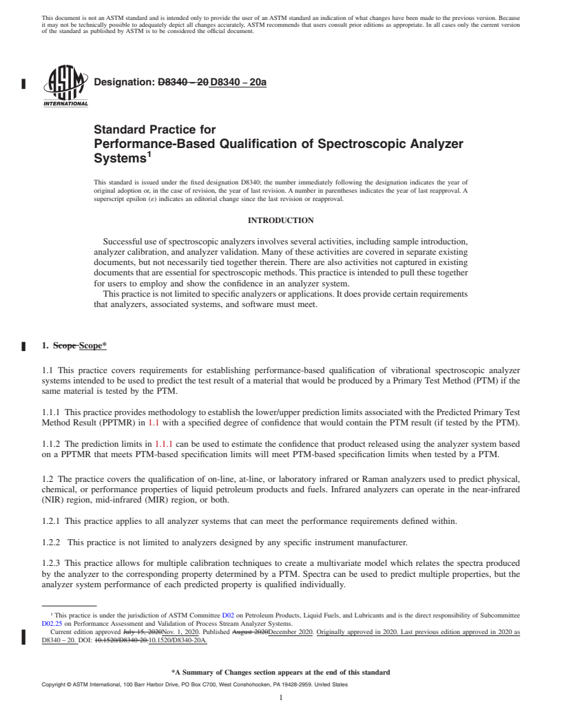 REDLINE ASTM D8340-20a - Standard Practice for Performance-Based Qualification of Spectroscopic Analyzer Systems