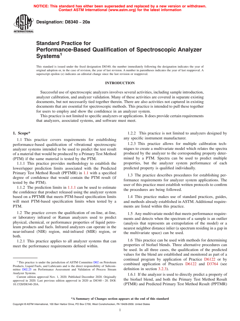 ASTM D8340-20a - Standard Practice for Performance-Based Qualification of Spectroscopic Analyzer Systems