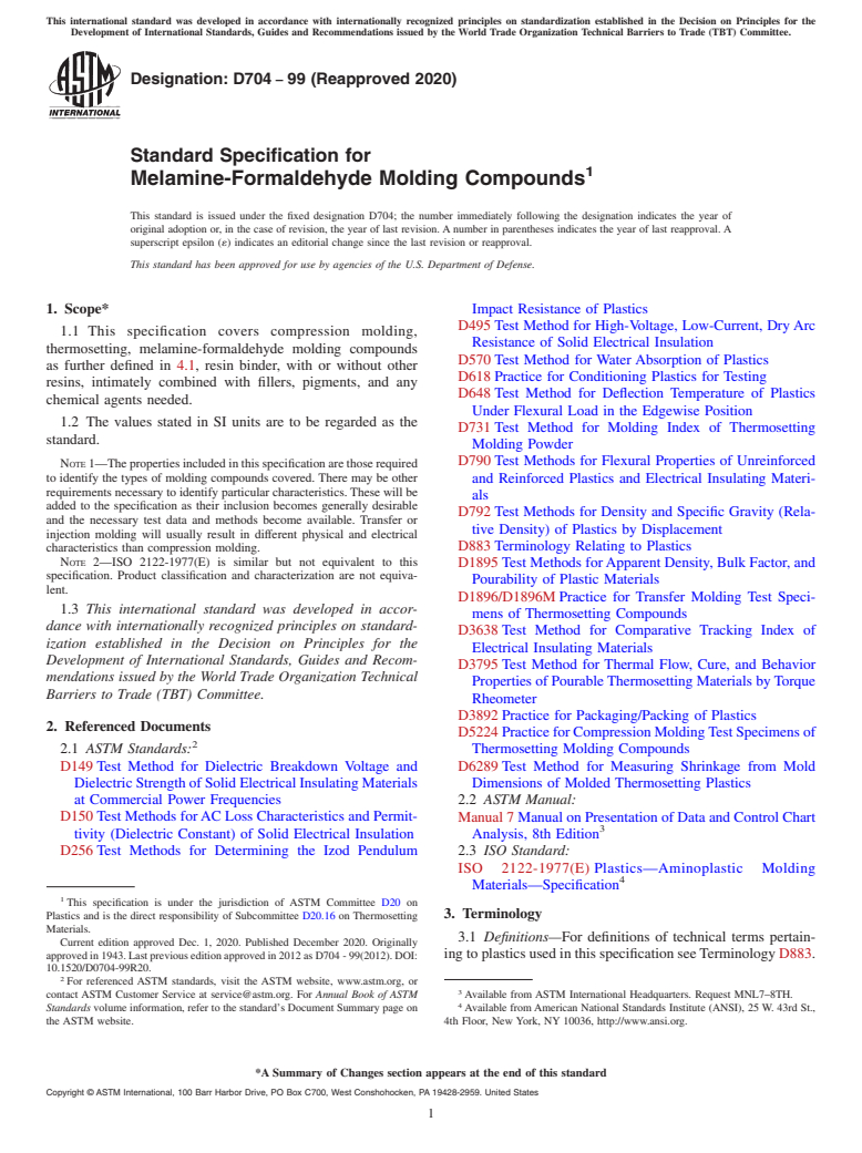 ASTM D704-99(2020) - Standard Specification for Melamine-Formaldehyde Molding Compounds