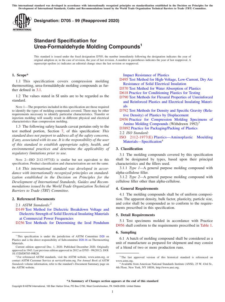 ASTM D705-99(2020) - Standard Specification for  Urea-Formaldehyde Molding Compounds