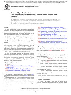 ASTM D5436-15(2020) ASTM D5436-15(2020) - Standard Specification for Cast Poly(Methyl Methacrylate) Plastic Rods, Tubes, and Shapes - Page 1 preview