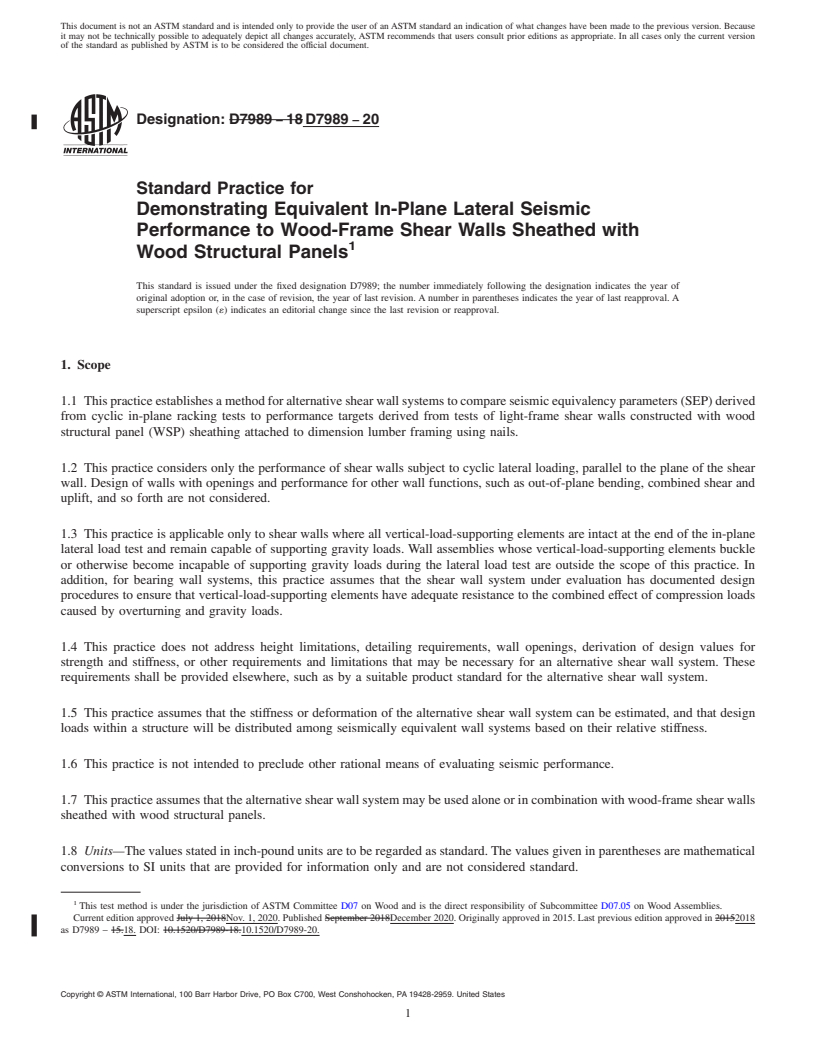 REDLINE ASTM D7989-20 - Standard Practice for  Demonstrating Equivalent In-Plane Lateral Seismic Performance  to Wood-Frame Shear Walls Sheathed with Wood Structural Panels