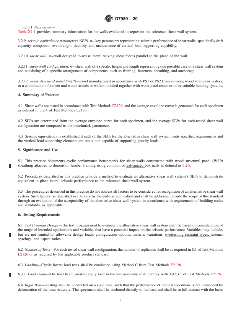 REDLINE ASTM D7989-20 - Standard Practice for  Demonstrating Equivalent In-Plane Lateral Seismic Performance  to Wood-Frame Shear Walls Sheathed with Wood Structural Panels