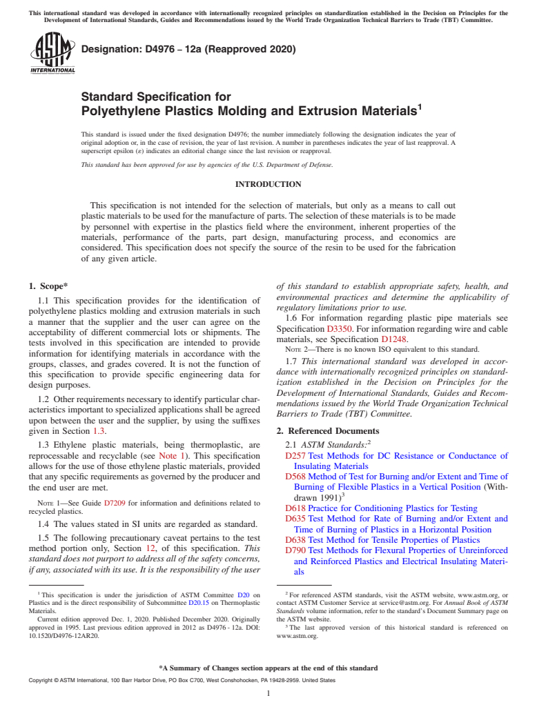 ASTM D4976-12a(2020) - Standard Specification for  Polyethylene Plastics Molding and Extrusion Materials