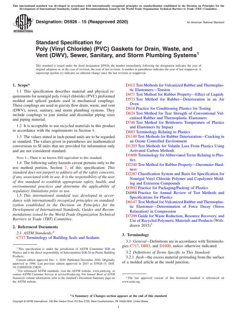 ASTM D5926-15(2020) - Standard Specification for Poly (Vinyl Chloride) (PVC) Gaskets for Drain, Waste, and Vent  (DWV), Sewer, Sanitary, and Storm Plumbing Systems