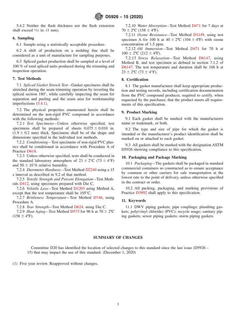 ASTM D5926-15(2020) - Standard Specification for Poly (Vinyl Chloride) (PVC) Gaskets for Drain, Waste, and Vent  (DWV), Sewer, Sanitary, and Storm Plumbing Systems