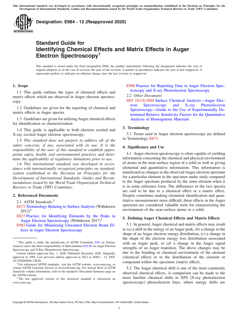 ASTM E984-12(2020) - Standard Guide for Identifying Chemical Effects and Matrix Effects in Auger Electron  Spectroscopy