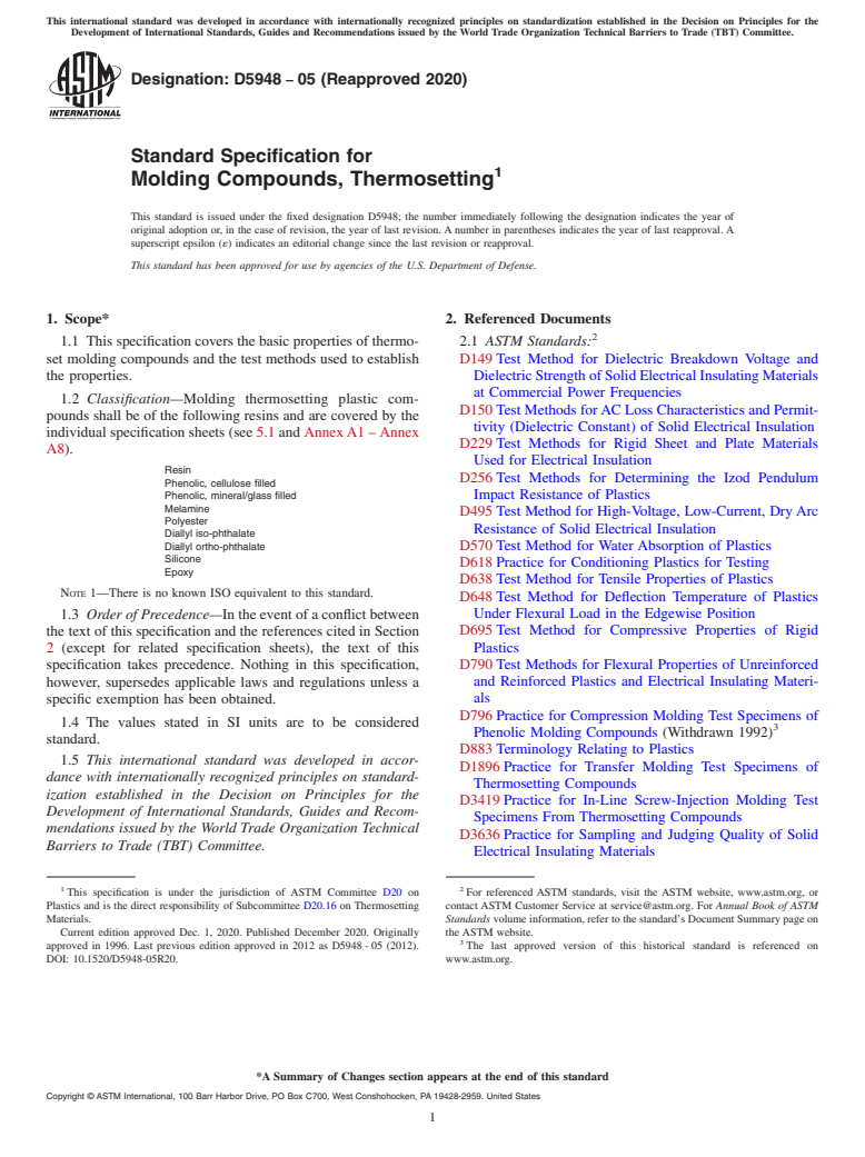 ASTM D5948-05(2020) - Standard Specification for Molding Compounds, Thermosetting